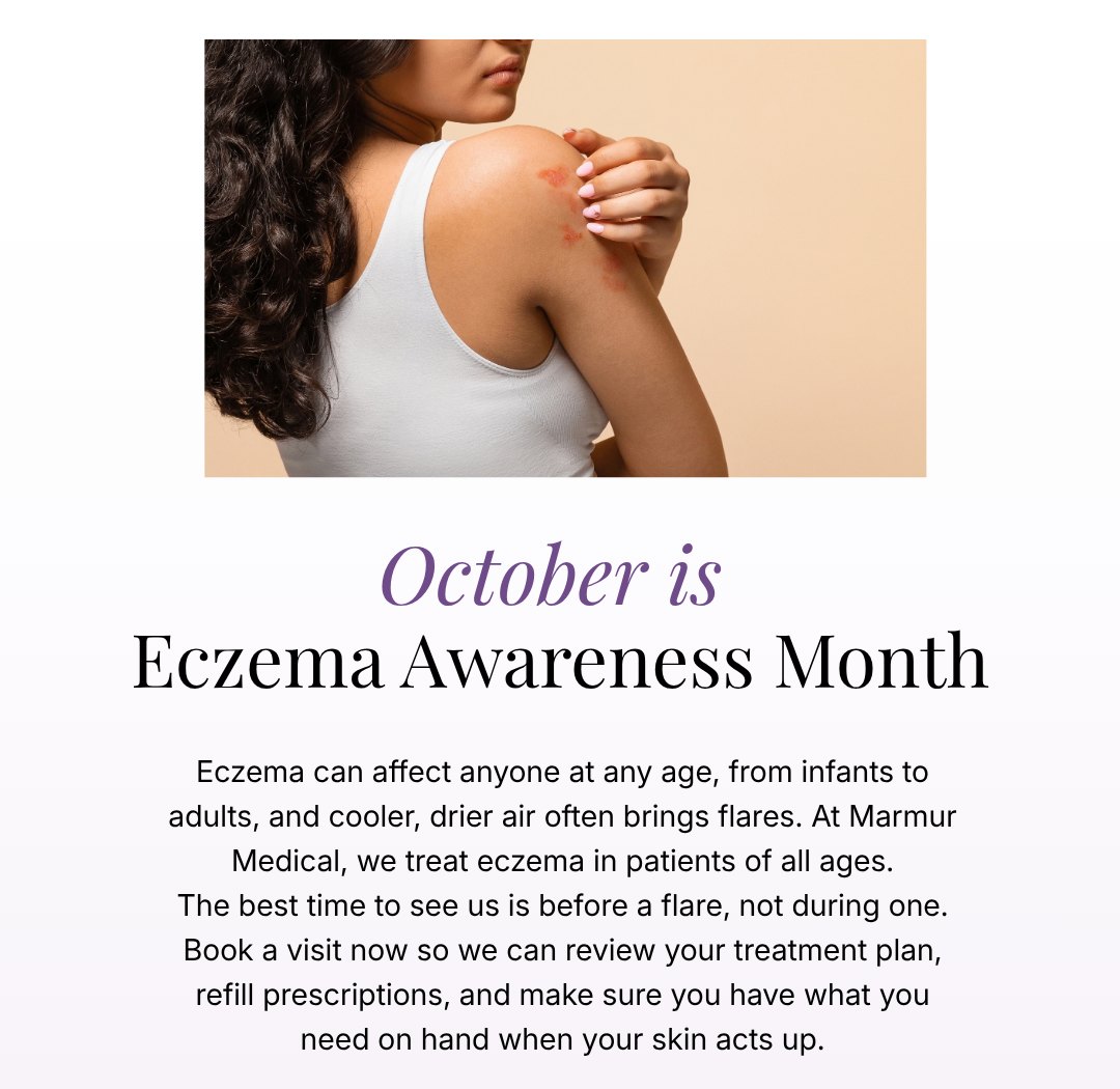 October is Eczema Awareness Month - the best time to see us is before a flare, not during one. Book a visit to review your treatment plan and refill prescriptions.