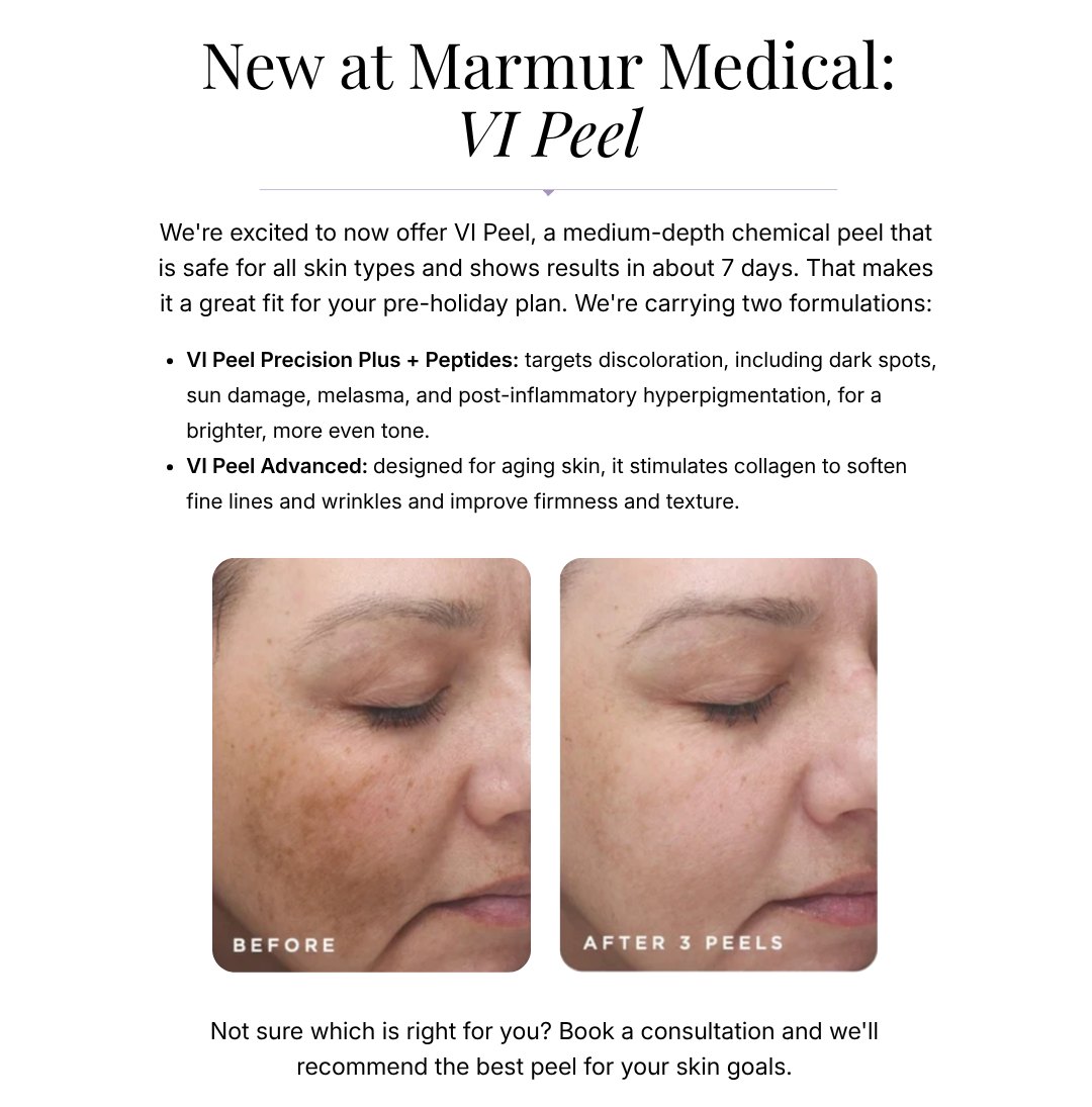 New at Marmur Medical: VI Peel - a medium-depth chemical peel for all skin types, with results in about 7 days. VI Peel Precision Plus + Peptides and VI Peel Advanced. Before and after 3 peels.